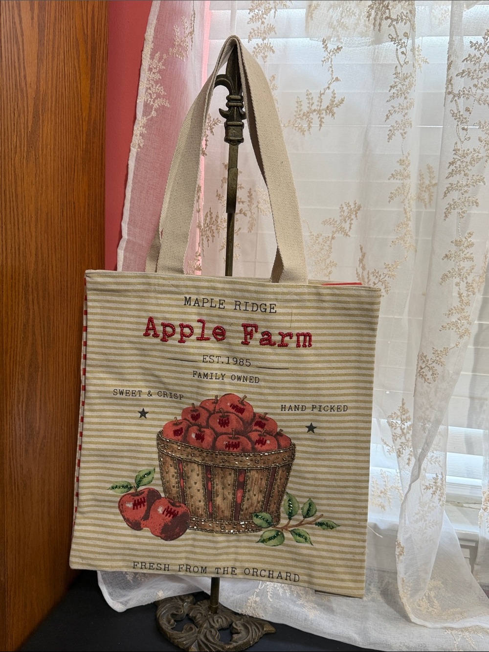 Apple Farm beaded canvas tote bag